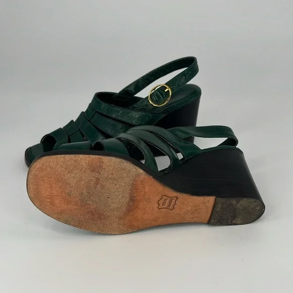 Vintage 70s Rodan Stacked Wedge Sandals in Green Leather Size 5 1/2 - Picture 9 of 13